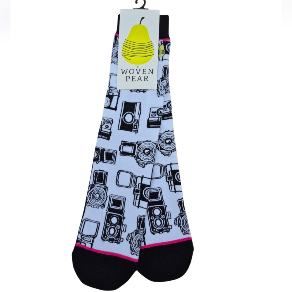 Woven Pear Camera Print Socks "Oh Snap" Novelty Crew